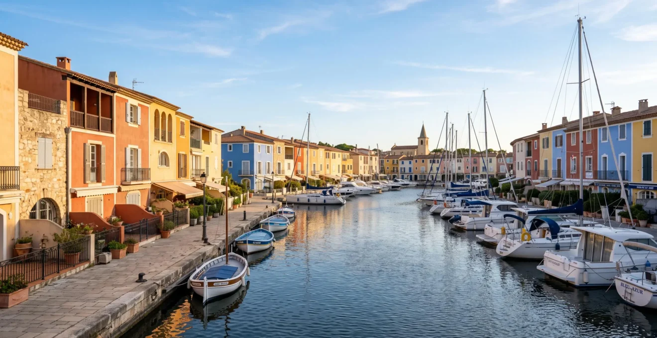 Vue panoramique des canaux de Port Grimaud avec ses façades colorées typiques et des bateaux amarrés le long des quais sous la lumière méditerranéenne