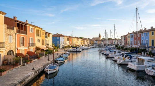 Vue panoramique des canaux de Port Grimaud avec ses façades colorées typiques et des bateaux amarrés le long des quais sous la lumière méditerranéenne